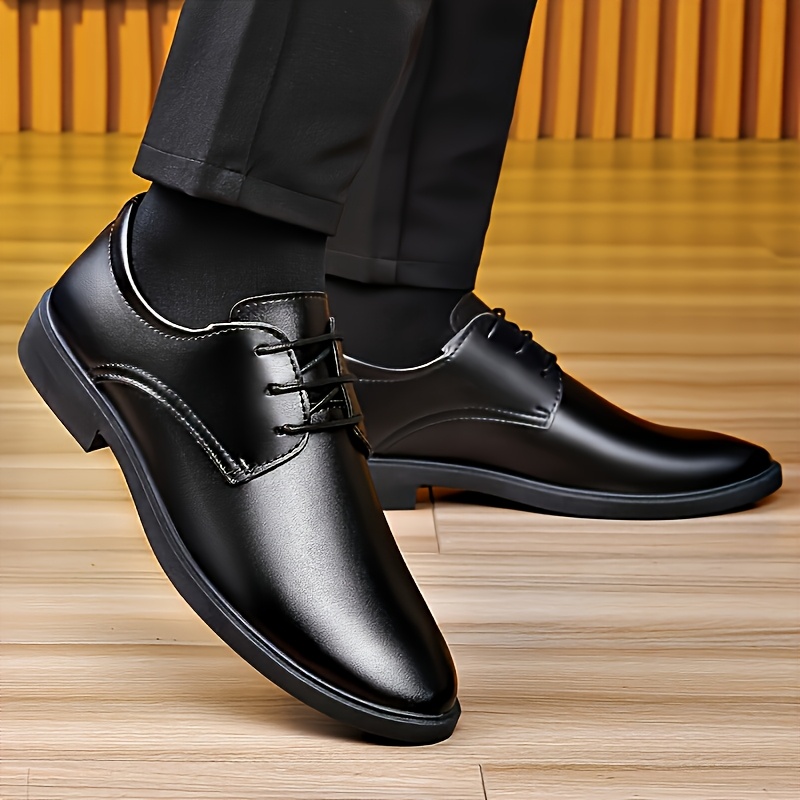 Men's British Formal Shoes, Black Glossy Low-Top Business Shoes, Lace-Up/Slip-On Dual-Use Minimalist Design, PU Upper and Lining for Easy Cleaning and Polishing, Wear-Resistant and Slip-Resistant PU Sole for Stable Walking, Round Toe Wide Fit for