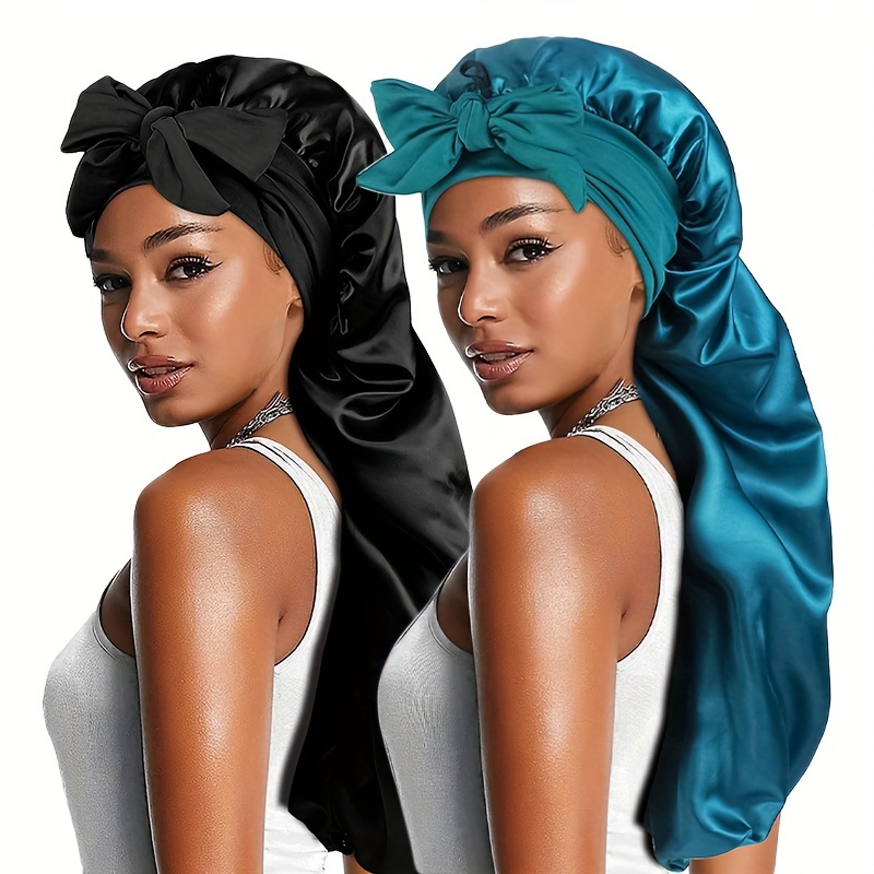 

2pcs Set Elastic Ribbon Long Tube Sleeping Cap Women's Baked Oil Cap Knotted Bath Cap Hair Protection Beauty Cap Wig Cap