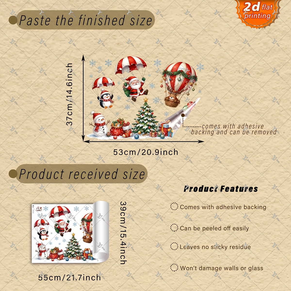 TEMU 2d Flat - 2d Flat - 1pc 2d Flat Printed Santa Claus With Parachute Penguin Snowman Reindeer 40 X 55cm Window Sticker Creative Self-adhesive