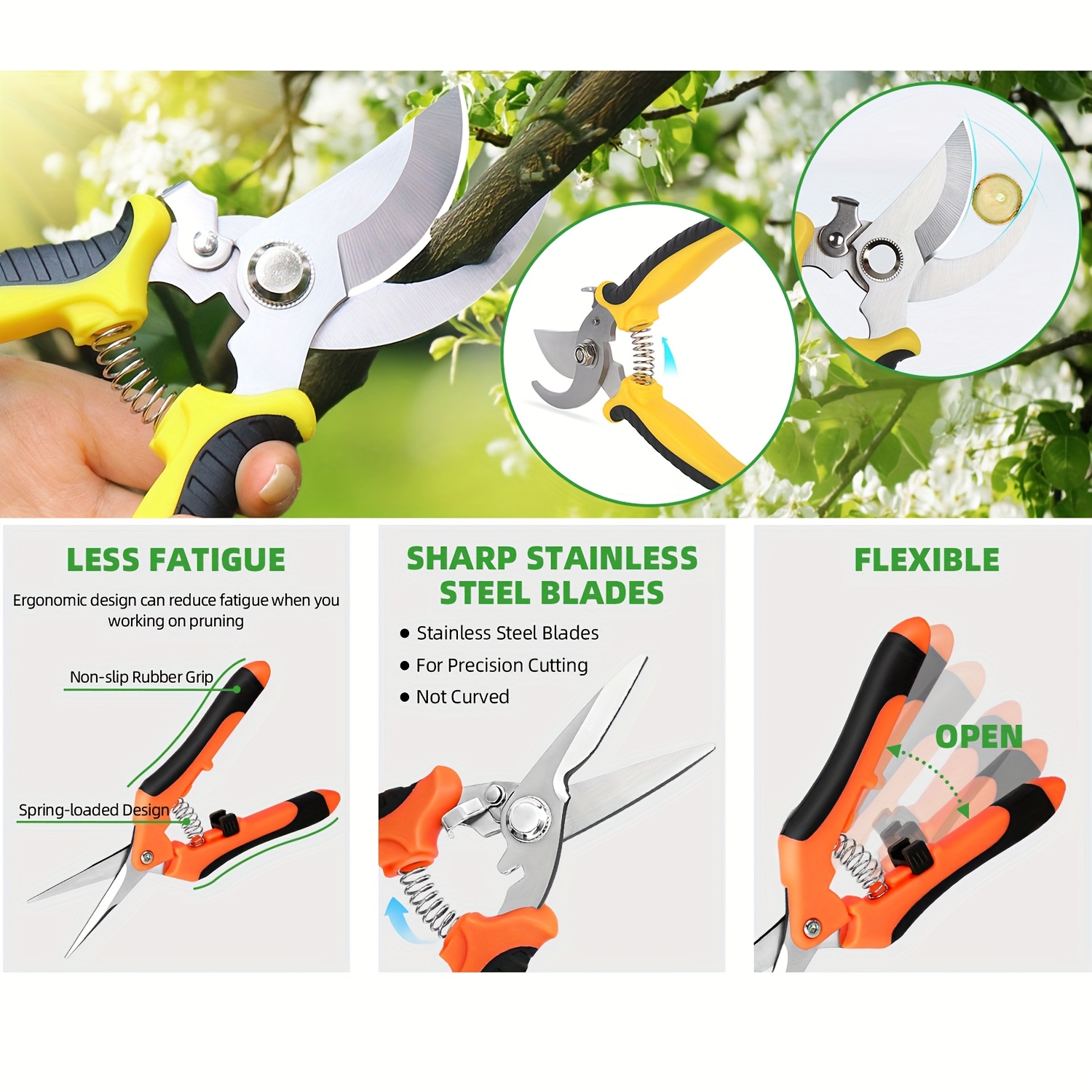 3-Piece Stainless Steel Garden Pruning Shears Set Ambidextrous Gardening Scissors for Plants and Flowers