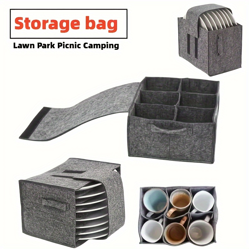 

1pc Felt Utensil Organizer Bag For Camping & Picnics - Portable, Layered Storage With Multiple Compartments, Gray Felt Material, Ideal For Rvs, Boats, Lawn Parks, And