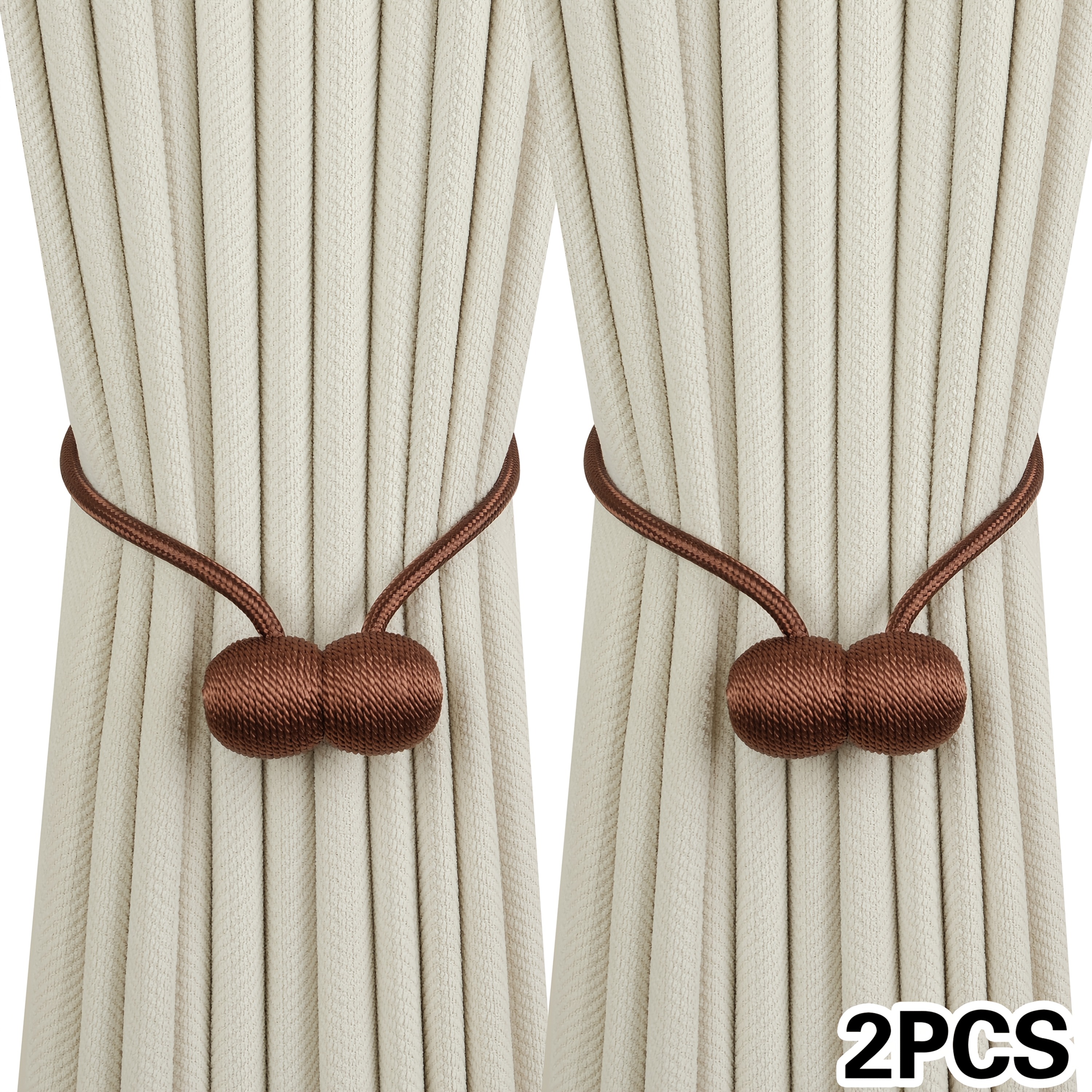 A Set of Two Modern Minimalist Magnetic Curtain Ties Is on, Featuring Thicker Twisted Ropes And Flexible Magnetic Ties. They Are Durable, Easy to Install, And Do Not Require Drilling, Making Them Perfect for Bedroom And Living Room Decor