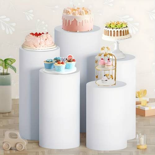 Set/5pcs, Cylinder Pedestal Stand Covers, Flexible Cylinder Pillar Dessert Stand Cloth Covers For Party, Wedding Or Birthday Event Decor, Only Cylinder Covers, Cylinder Pedestal Stands Not Included