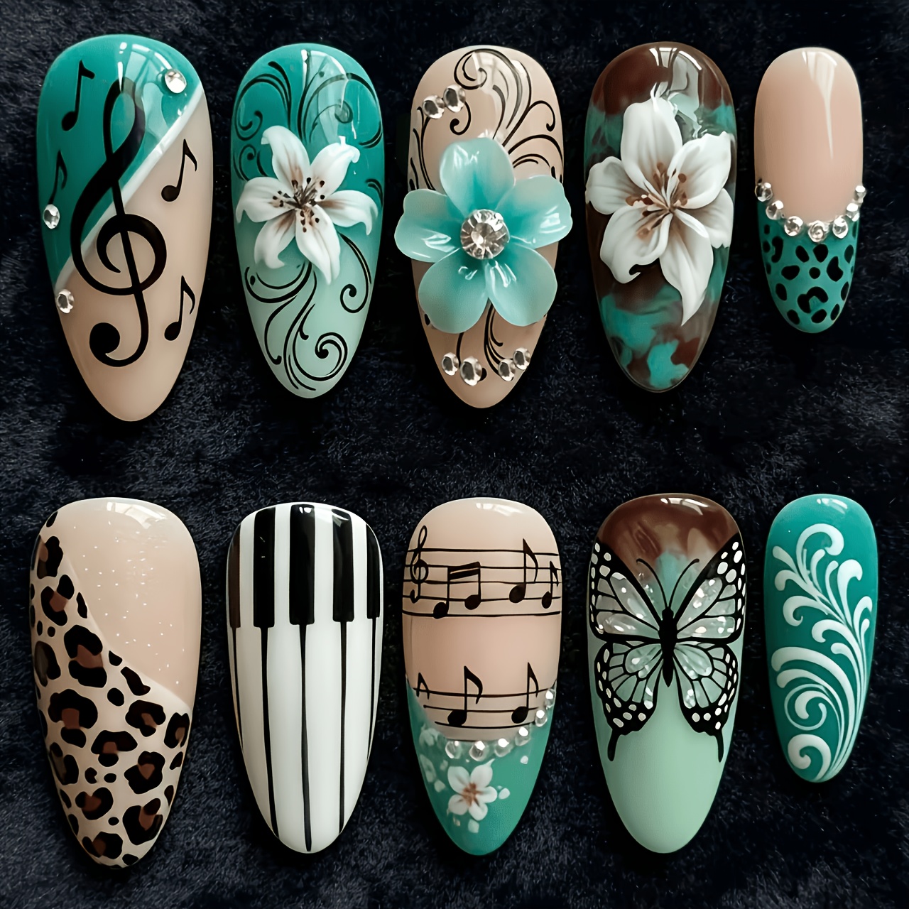 TEMU 10pcs On Nails, Musical Theme Hand-painted Treble Clef, & Leopard Print Design, Unique Light Luxury Reusable Removable False Nail Tips