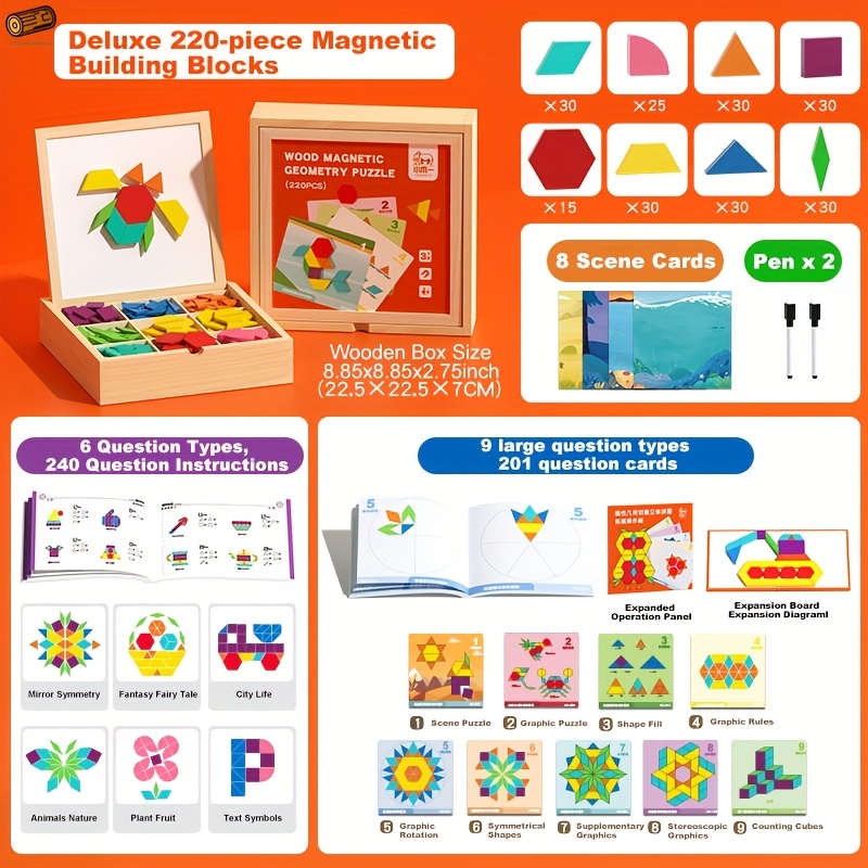 128/180/220/280pcs Creative Magnetic Wooden Puzzle, Jigsaw Puzzle Toys, Educational Interactive Educational Toys, Geometric Figures Cognitive Learning, Birthday Gifts, Holiday Gifts