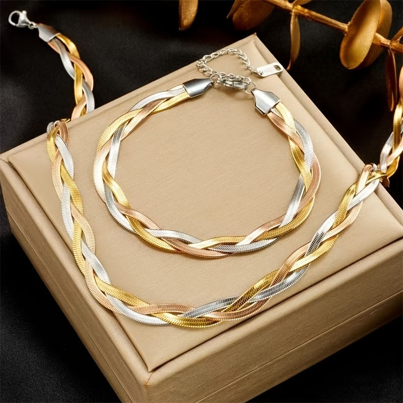 TEMU 3 Color Options Available 2pcs/set (bracelet+necklace) 304 Stainless Steel Snake Chain Necklace+steel, Golden, 3 Color Bracelet, Hand Woven New