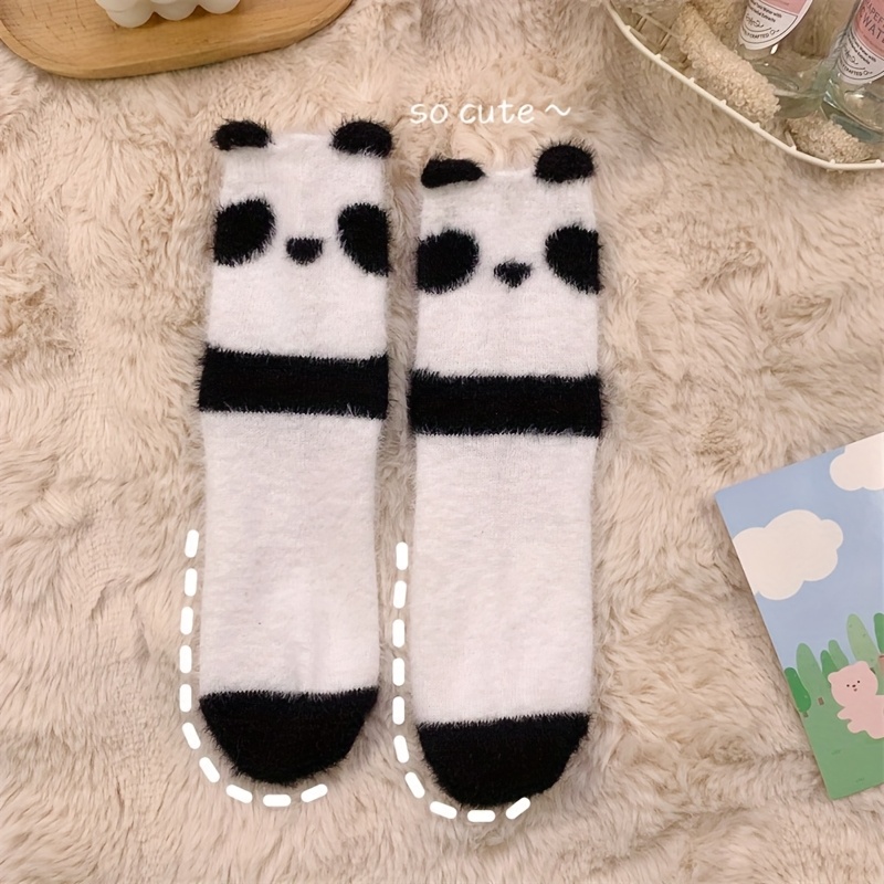 Image of 1 Pair, Cute Panda Pattern Mid-calf Socks, Plush Body, , And, Suitable For Gifting, Outdoor, Indoor, Individual, Trendy