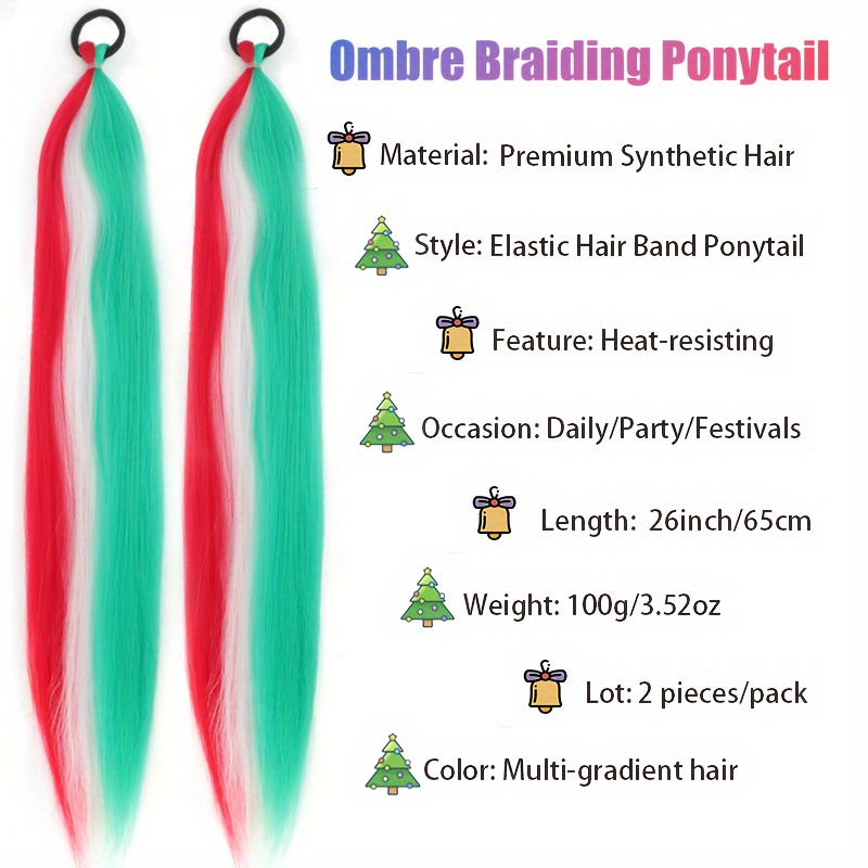 2pcs festive ombre jumbo braiding ponytail extensions 26 inch synthetic high temperature   with elastic band for women girls ideal for christmas   hair accessories details 0