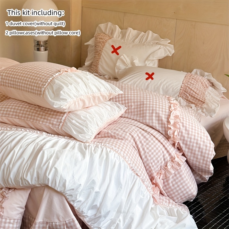 TEMU Ensemble de Literie à Carreaux en Dentelle Français, 1 Housse de Couette et 2 Taies d'Oreiller ( Garniture), Tissu et Confortable, Adapté à