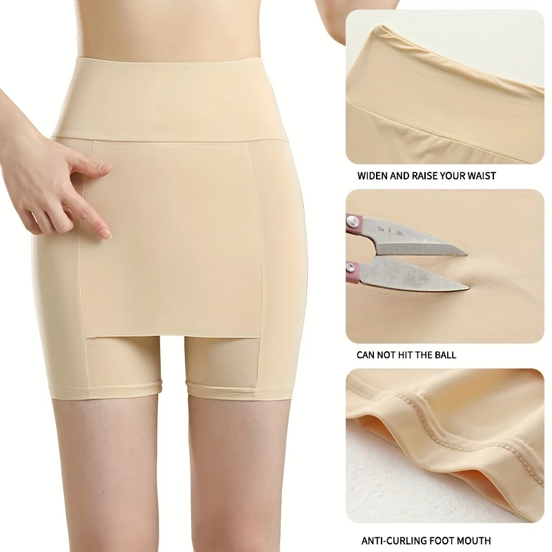 womens solid color high waist shaping shorts hip underwear summer lightweight double layer ice silk safety panties with tummy control details 0