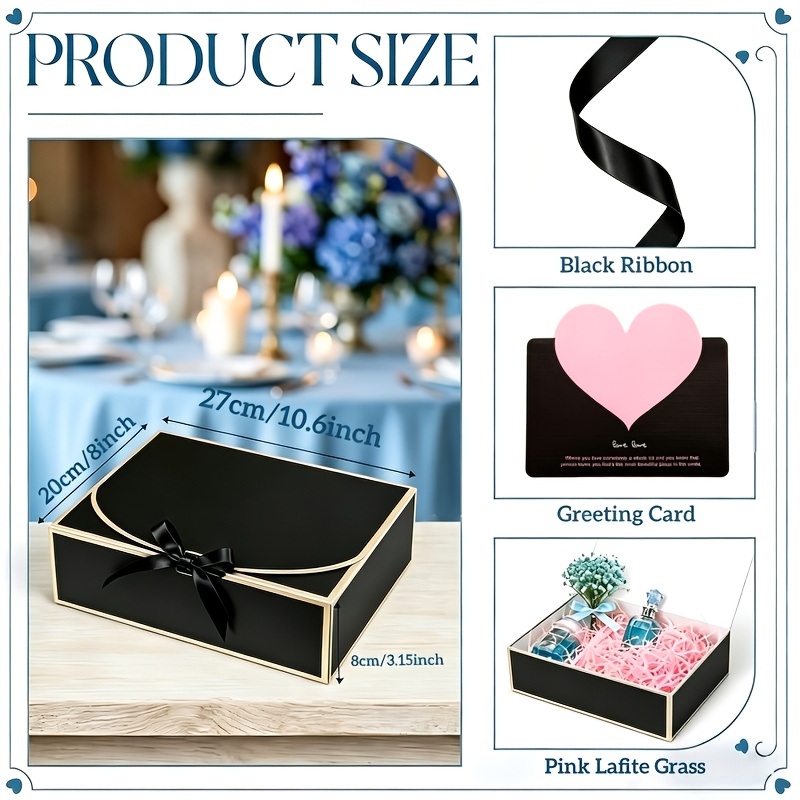 TEMU Gift For Her/him 12pcs Gift Box Set (including 3pcs Black Golden Foldable Gift Boxes, 3pcs Ribbons, 3pcs Pink Raffia Grass And 3pcs Greeting