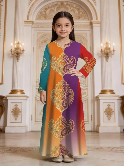 Ethnic Style Long Dress, Indian Style Dress, Colorful Spliced Printed Girls' Party Dress, Suitable for Festivals & Performances, for Outdoor Ethnic Style Long Dress, Indian Style Dress, Colorful Spliced Printed Girls' Party Dress, Suitable for Festivals & Performances, for Outdoor