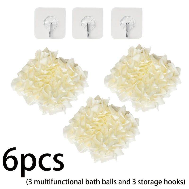 TEMU 6pcs (3pcs Bath Balls And 3pcs Hooks) 2-in-1 Dual-sided Soap Bath Balls - Exfoliating Bath Sponge And Built-in Soap Dispenser, No-flake Quick