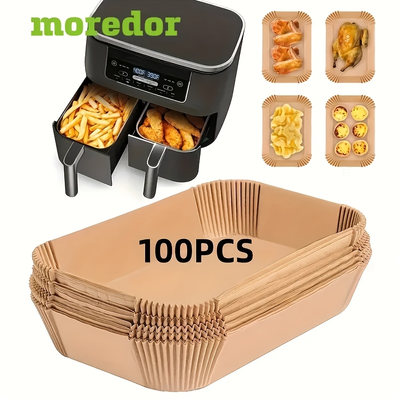 

100pcs Moroder Disposable Air Fryer Liners - Rectangular, Oil & Waterproof Parchment Paper Baking Sheets For Dual Basket Fryers, Ideal For , , Wings & More, Essential Kitchen Accessory