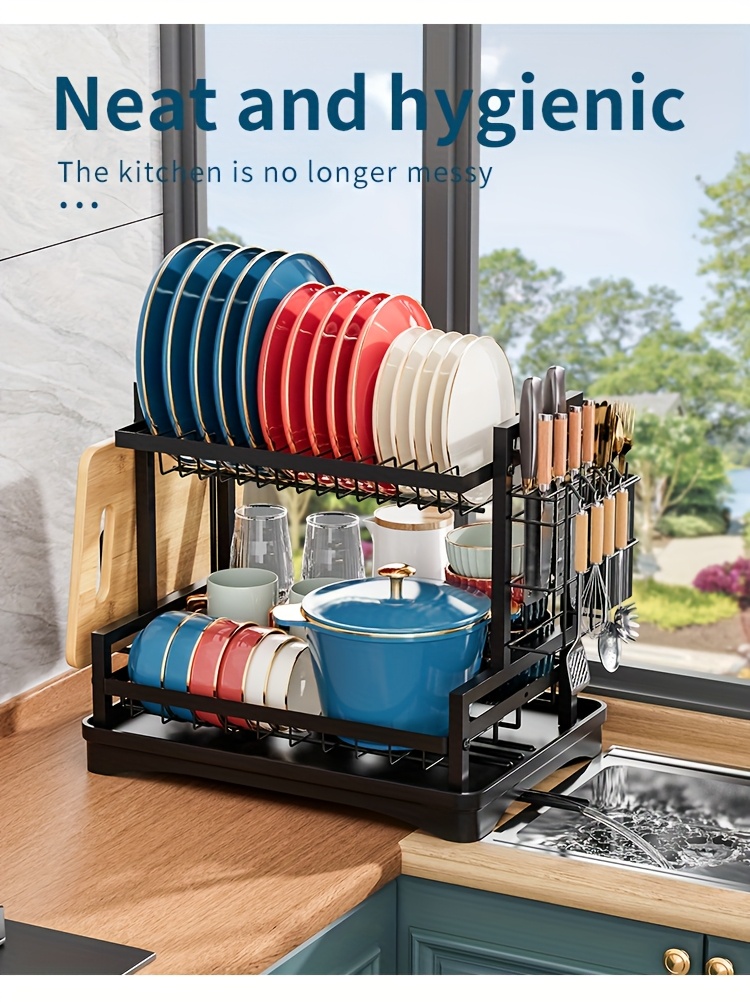 dish drying rack kitchen organizers and storage 2 tier kitchen organizers and storage for dishes bowls cutlery black local warehouse Product details 3