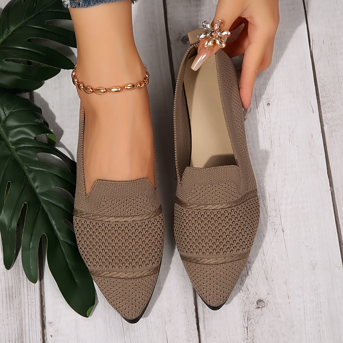Elegant Ballet Flat Shoes For Women, Slip-On Breathable Soft Sole Daily Knitted Ballets, Point Toe Daily Wear