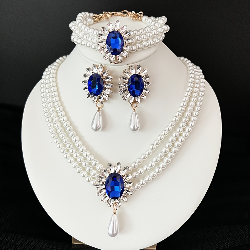 TEMU 4pcs Women Multi Layer Jewelry Set Alloy Inlaid Rhinestone Pendant Choker Necklace Dangle Earrings Bracelet Old Money Style Bridal Accessories