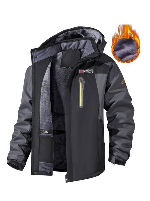 2026 autumn winter mens heavy thick top letter print fleece hooded cold proof warm outdoor sports ski windproof jacket coat padded embroidery logo outerwear removable hood zipper cardigan hook and loop windproof cuffs home outdoor