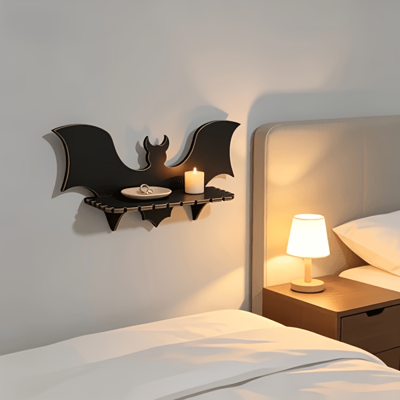 TEMU Étagère Murale Aile de Chauve-souris Gothique à avec Croissant - Étagère en Bois Adaptée pour Bougies, Décoration en Cristal, Présentoir sur le