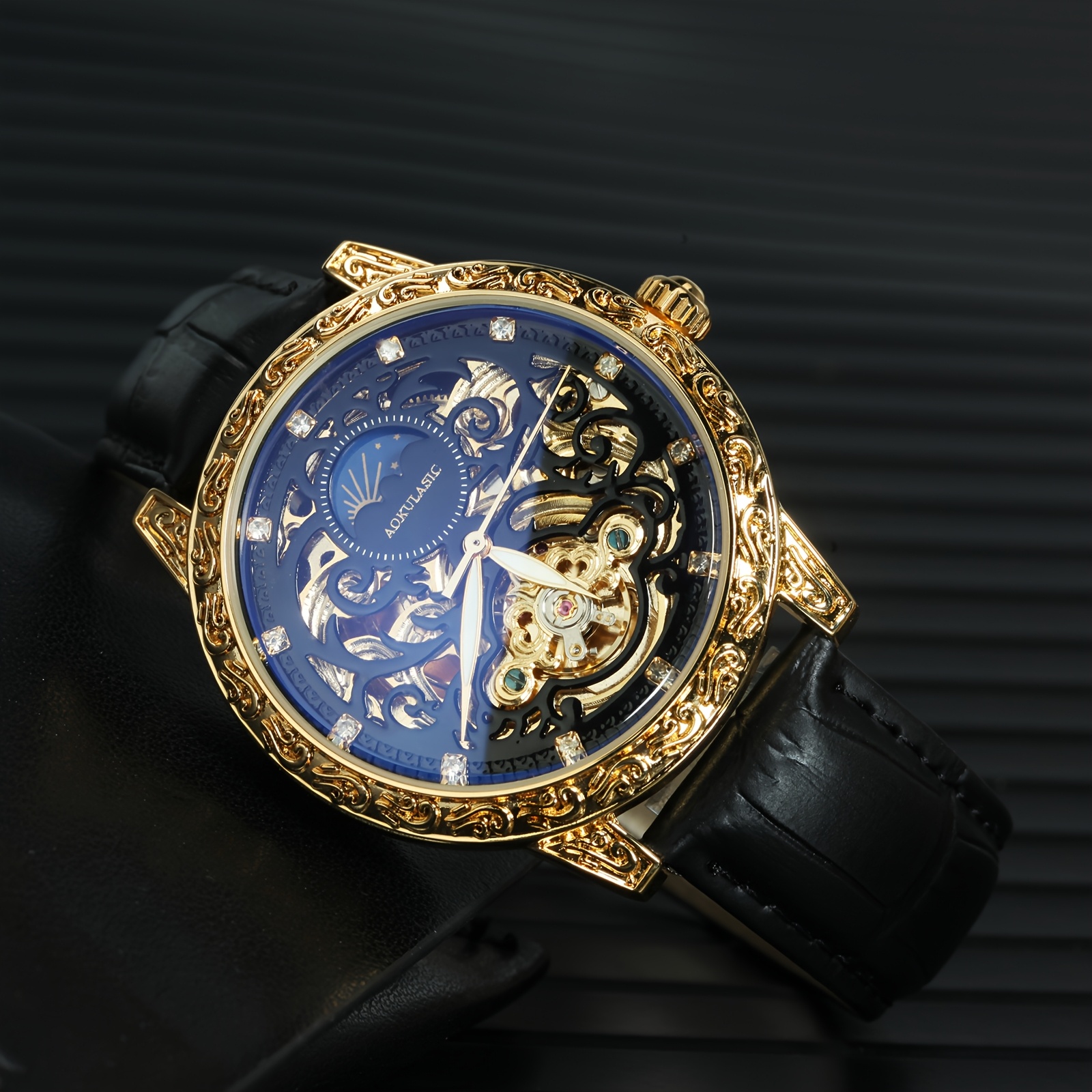 AOKULASIC 1pc Men Luxury Golden Skeleton Tourbillon Automatic Mechanical Watch for Men Luminous Hands Moon Phase Top Brand Black Faux Leather Strap Vintage Case Top Brand Business Casual Mens Watches Anniversary Christmas Valentine'S Day New Year Gifts, Without Battery