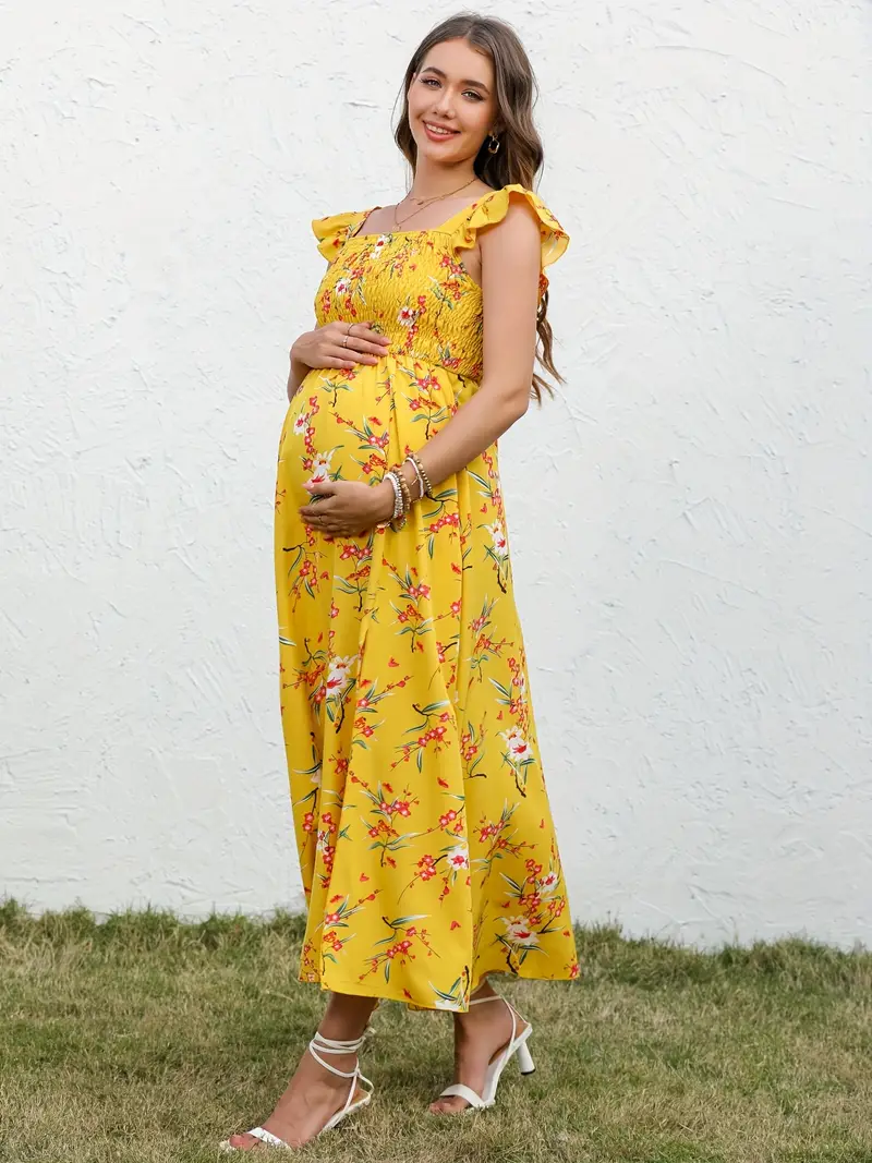 Summer Baby Shower Dress Blue And Yellow Maternity Dress Womens Maternity Flowers Print Flying Sleeve Dress Summer Baby Shower Dress Blue And Yellow Maternity Dress Womens Maternity Flowers Print Flying Sleeve Dress
