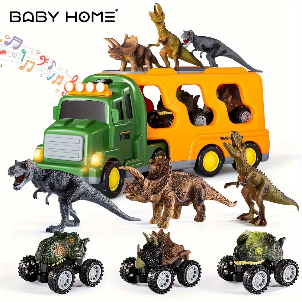 

Baby Home Dinosaurs & Truck Toys Transport Car With 3 Dino Figures & 3 Monster Cars, Friction Toy Vehicle In Carrier Truck With Light & Sound, Play Gift Set