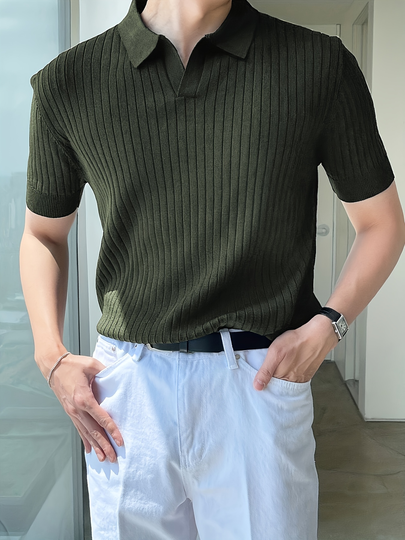 *'S Olive Green Ribbed Knit Shirt with Short Sleeves and Collar Casual,  Stylish Summer Golf and Business Attire, Cas
