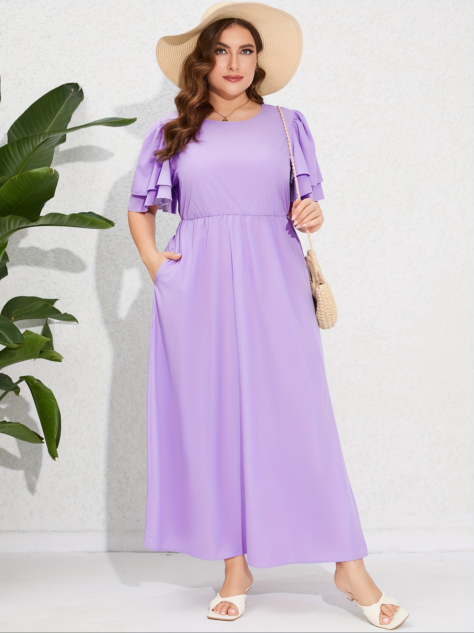 cocaptain women plus size maxi dress round neck ruffle short - Temu