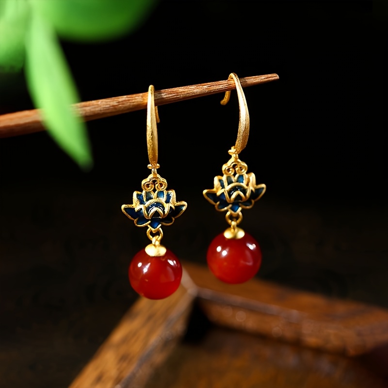 

Elegant Vintage-inspired Red Agate For Lotus Dangle Earrings With - Handcrafted Enamel, 925 Silvery Posts, Casual Attire & Gifting