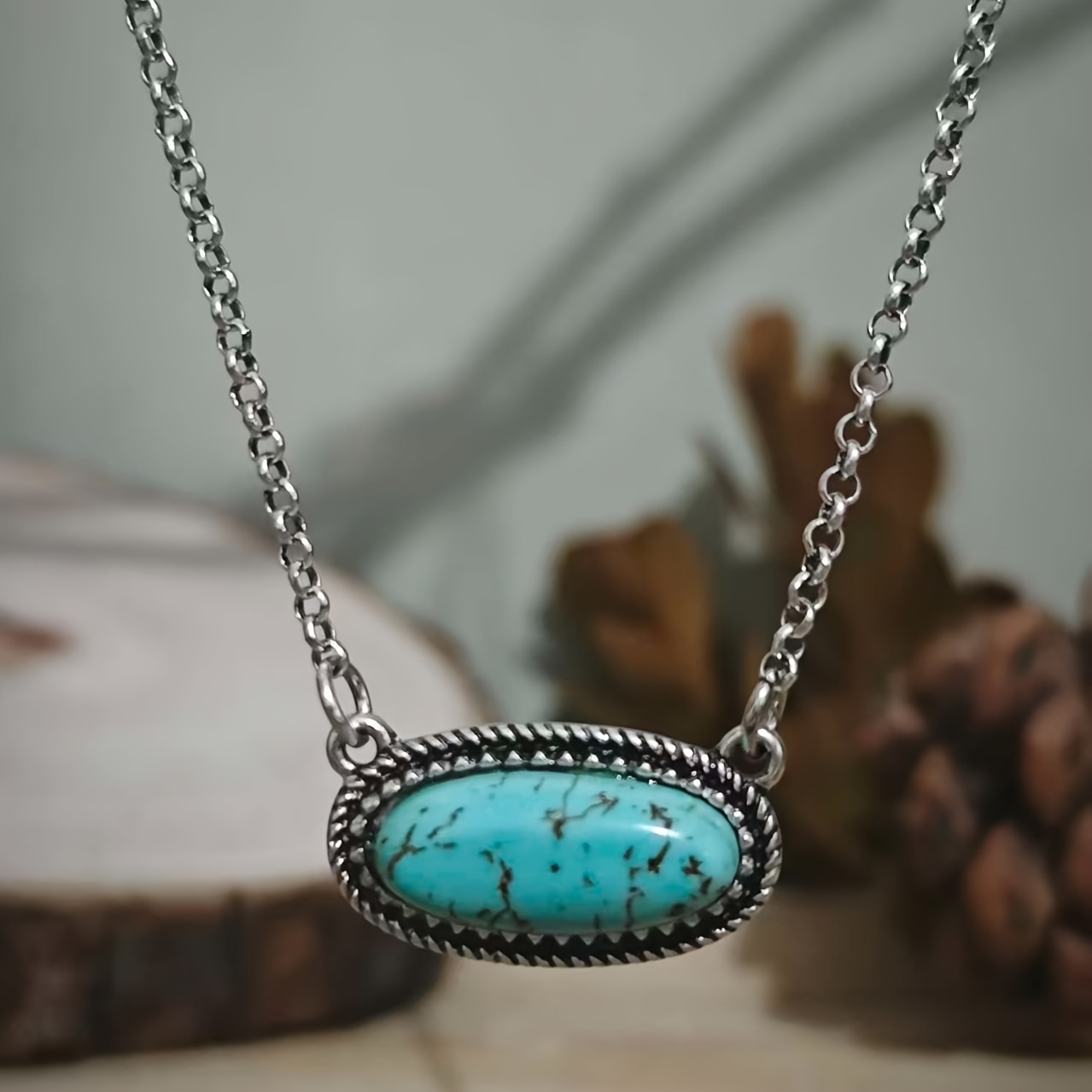 TEMU 1pc Of Antique Silvery Turquoise Inlaid Women's Casual Collarbone Necklace, A Jewelry Necklace To Enhance Daily Outfit Charm