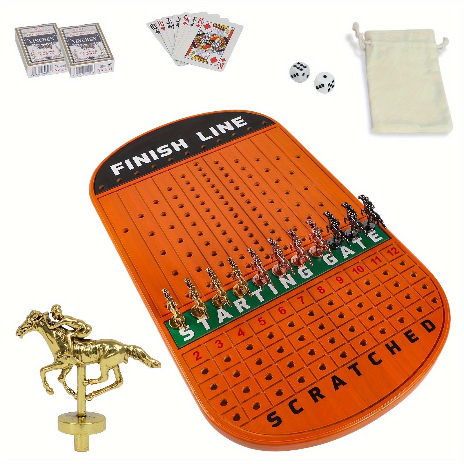 

Large 21 Inches Horse Race Board Game Thickened Wood Line For Party Included 11 Metal Horses, 2 Dices And 2 Decks Of Cards