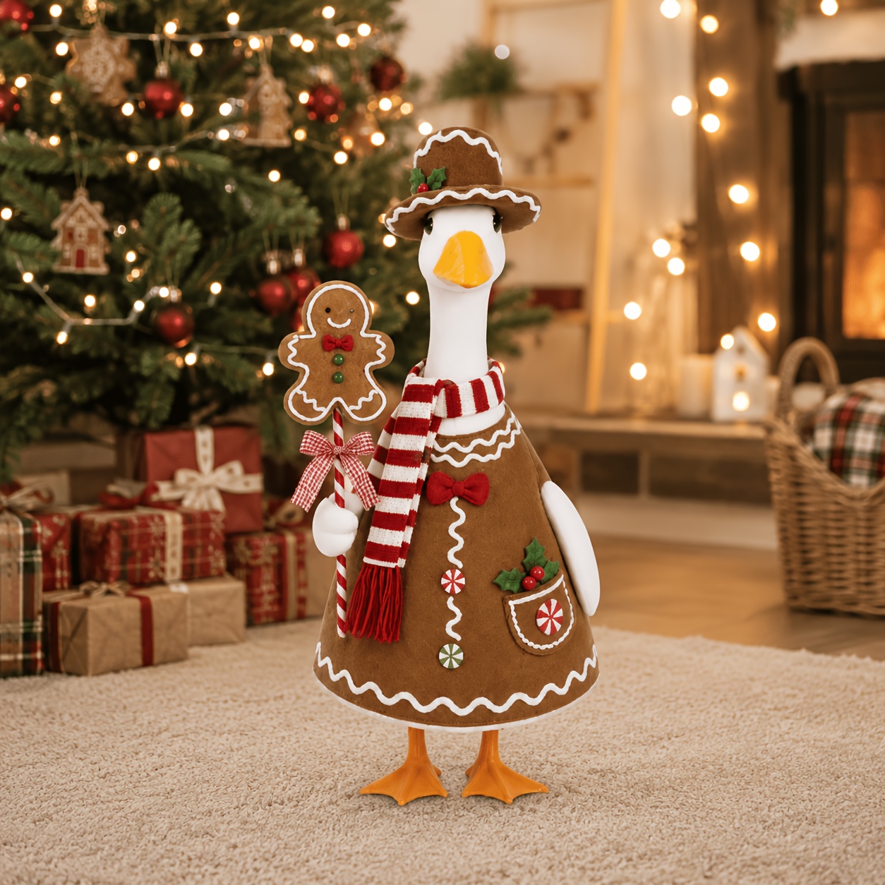 TEMU Christmas Gingerbread Man Goose Costume For 23-inch Lawn Goose Statue, Dress Outfit With Red And White Scarf, Gingerbread Stick And Decorative