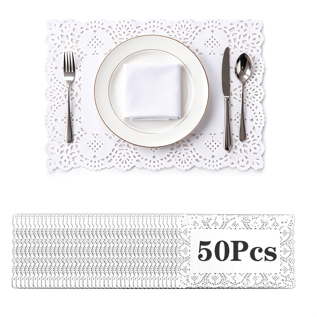 TEMU 50 unidades de manteles de papel desechables rectangulares, hermosos y versátiles con bordes de encaje, decoraciones de mesa de papel de 12