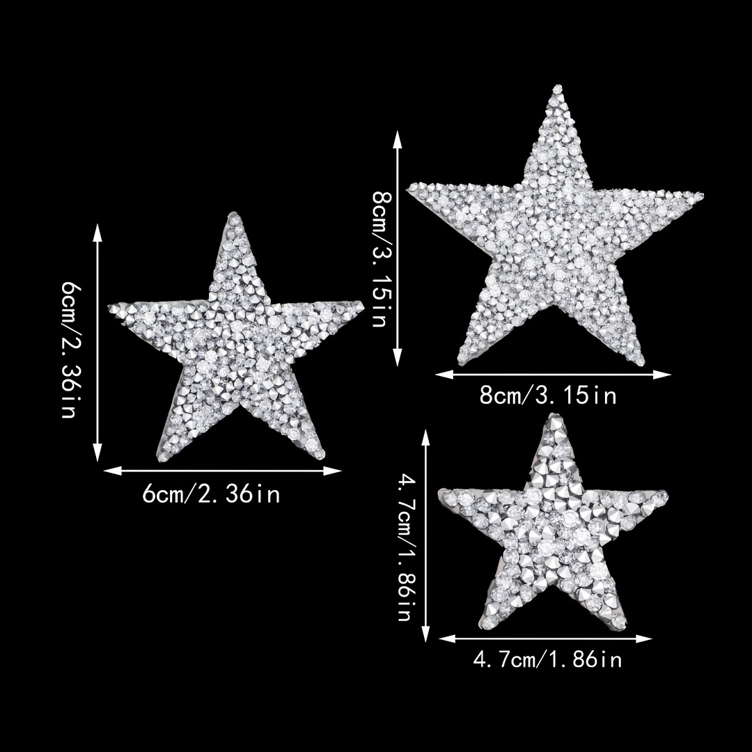 E-shop Bügelstern-Patches, Glitzer Strass-Bügelpatches, Sternförmige Bügelaufkleber 8/6/4 cm Strass Fünfzackiger Stern Applikationspatches geeignet für