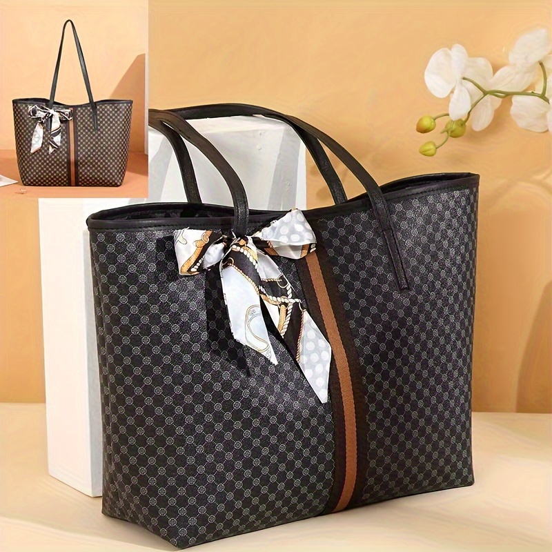 

Chic Polka Dot Tote Bag With Scarf Accent - Spacious Shoulder Handbag For Women, Durable Pu Material