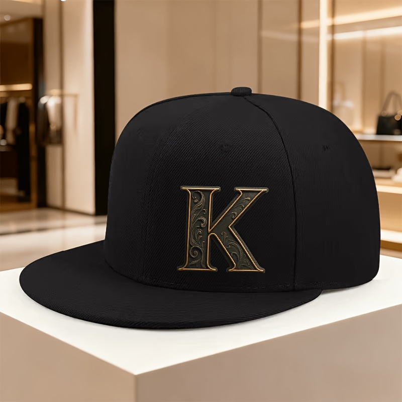 TEMU A Vintage Classic "k Letter Print" Adjustable Hip-hop Flat-brim Cap, A Lightweight Printed Men's Hat, An Outdoor Casual Sports Sun Hat, An Ideal