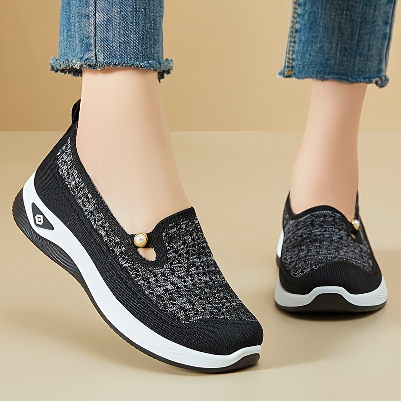 breathable mesh slip on walking shoes for women lightweight soft sole casual sneakers spring   solid color fabric upper inner pvc sole Product details 4