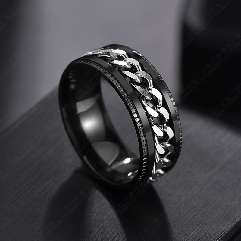 TEMU 1 Stylish Stainless Steel Ring With A Rotating Chain Design, An Elegant Piece Of Jewelry
