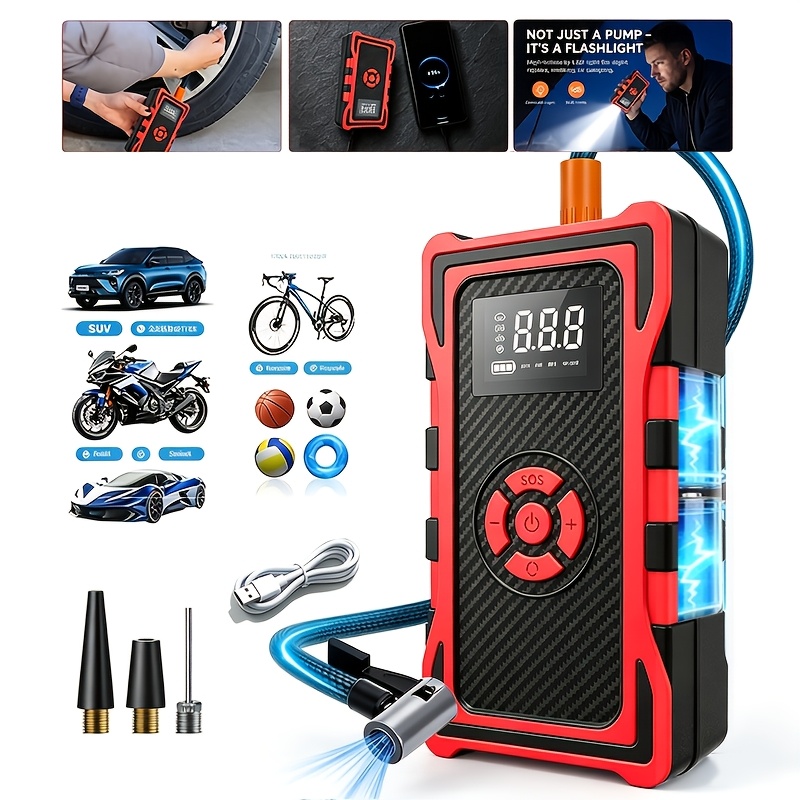 Image of Portable Tire Inflator Air Compressor, 150 Psi Air Pump For Car Tires With Digital Gauge, Auto Shutoff, Led Light, 12v Rechargeable Battery For Motorcycles, Bikes, Balls, Inflatables