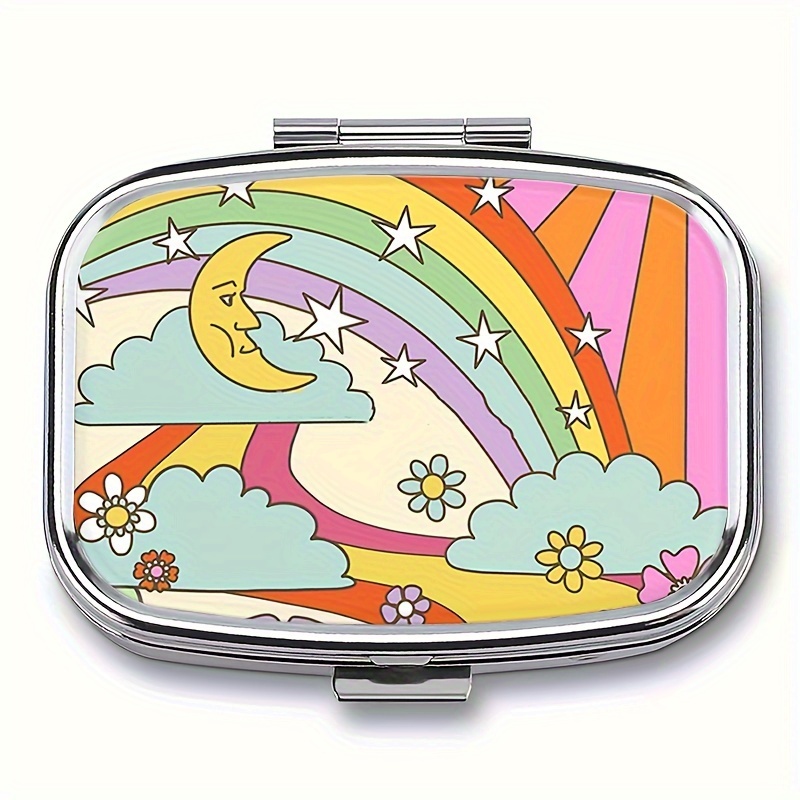 

1pc Retro Trippy Hippie Boho Pattern Pill Box, 2 Compartment Medicine Pill Organizer, Household Portable Medicine Storage Box, For Pockets Purses Travel Unique Gift