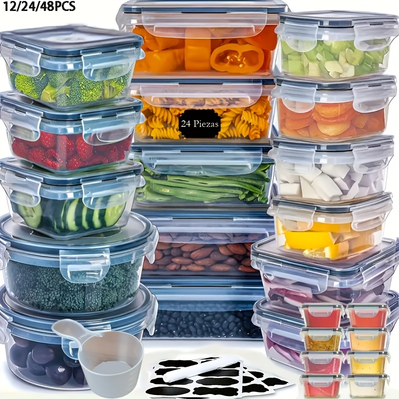 12 24 48pcs food storage containers set kitchen organizers meal prep container airtight bpa free reusable snack lunch containers   lids plastic   6 12 24 containers 6 12 24 lids pantry kitchen organization with labels and marker