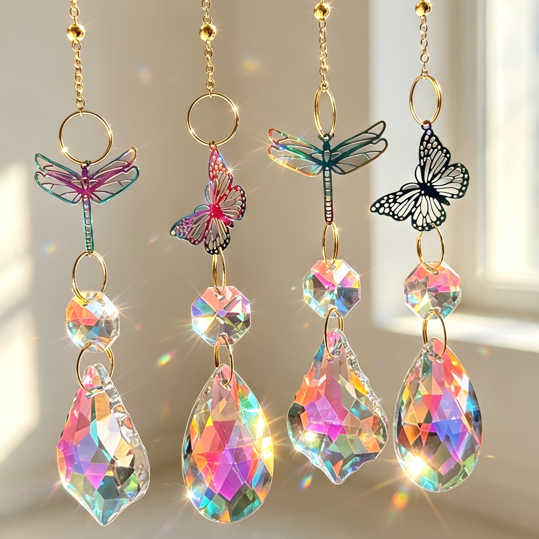 TEMU Ensemble de 4 décorations en verre cristal feuille d'érable et , mixtes, assorties avec breloques papillon et , carillons éoliens en perles de