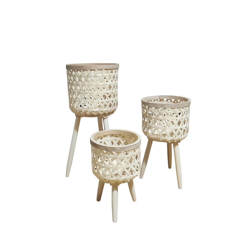 Image of 3pcs Handmade Bamboo Weaving Wooden Tall Plant Stand, Suitable For Living Room, Balcony, Bedroom Plant Stan