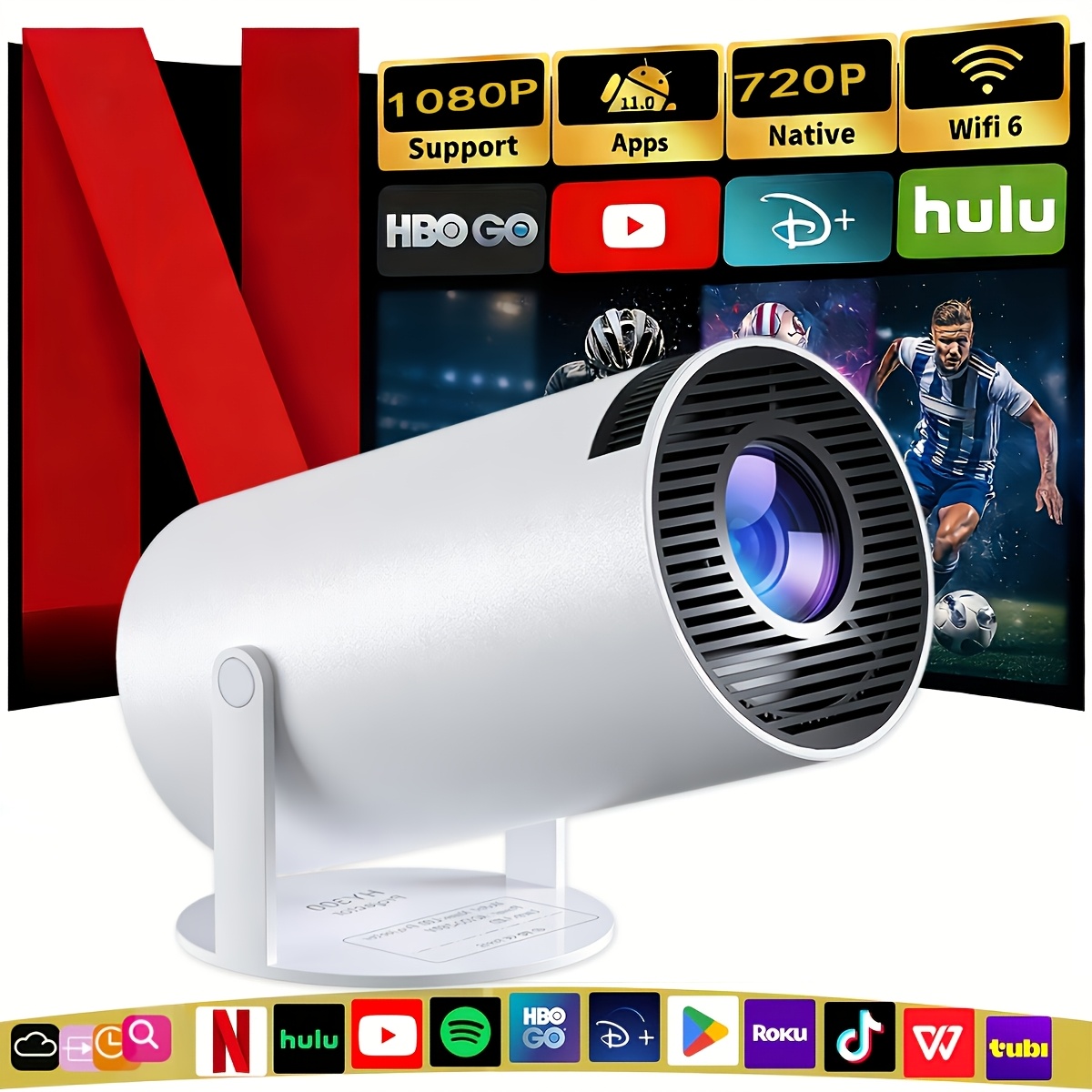 item picture hy300pro smart projector local 720p resolution supports 1080p   wifi 6 and wireless 5 4 270 rotatable   supports wireless mirroring for ios   tablets   watch and   matches