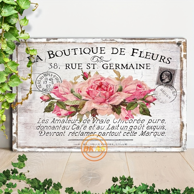 

1pc Vintage French Country Floral Wooden Hanging Sign - "boutique De Fleurs" Rue St. Decor, Distressed Wall Art For Bedroom & Living Room, 8x12 Inches, Vintage Home Decor