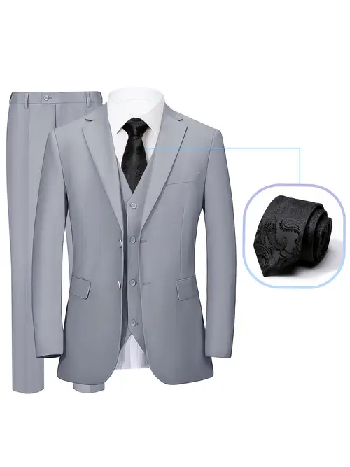 mens 4pcs suit tie vest pants two button lapel collar flap pockets plain color classic formal wear elegant suit coat for business interview wedding dinner party