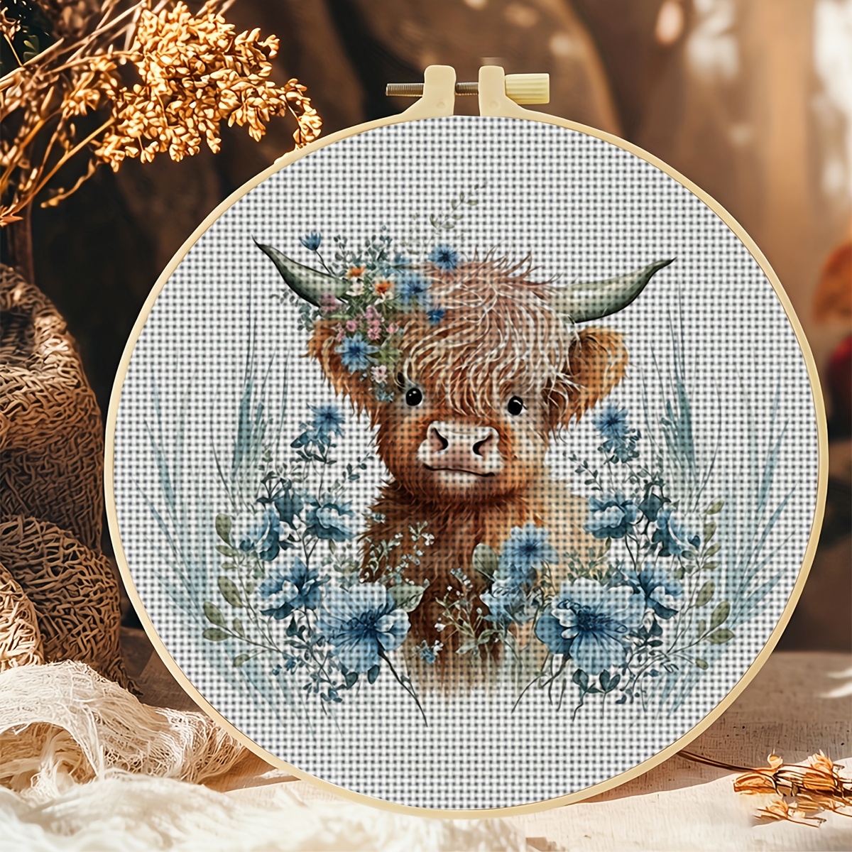 TEMU 1pc Round Cross Stitch Printing Kit With Hoop, "highland Cow Surrounded By Blue Flowers" Pattern, Beginner's Relaxing Handmade, Experiencing