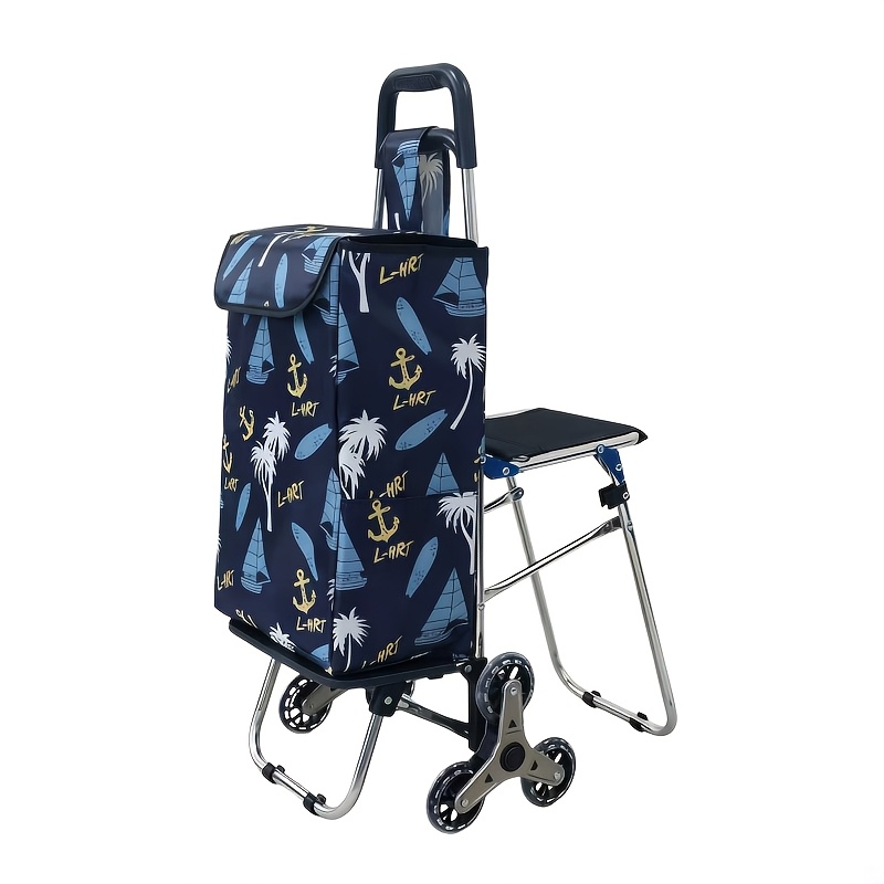 Image of Stainless Steel Folding Shopping Cart With Seat, Stair Climbing Grocery Trolley, Lightweight Portable Utility Cart For Seniors, Camping & Daily Use