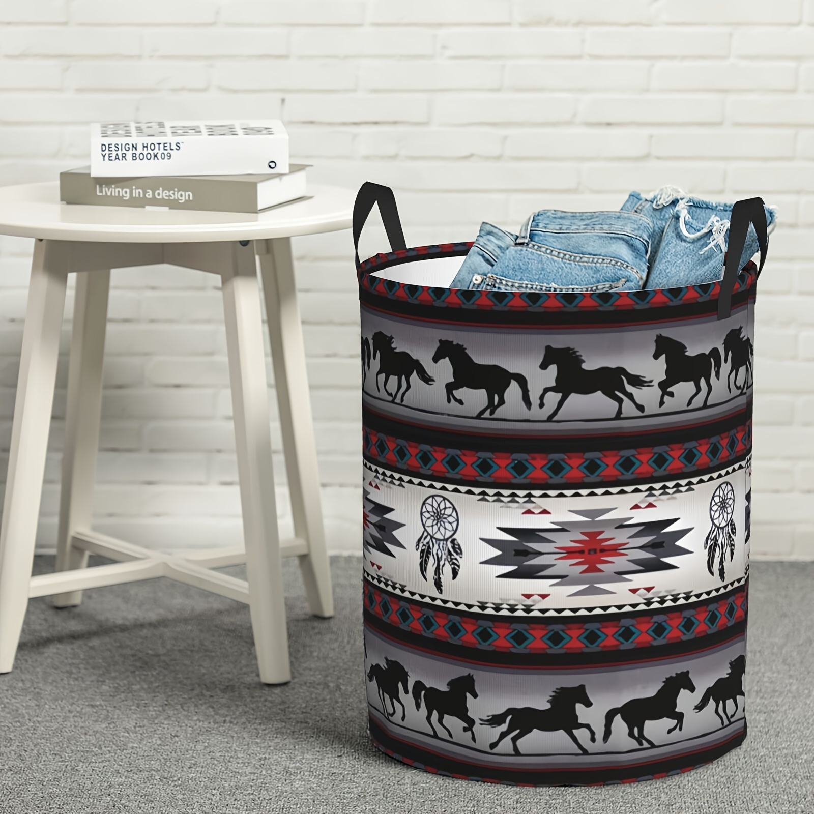   polyester laundry basket with handles   horse pattern round hamper   foldable clothes organizer large capacity toy storage bin for laundry room 16 5 x 13 8 inches details 3