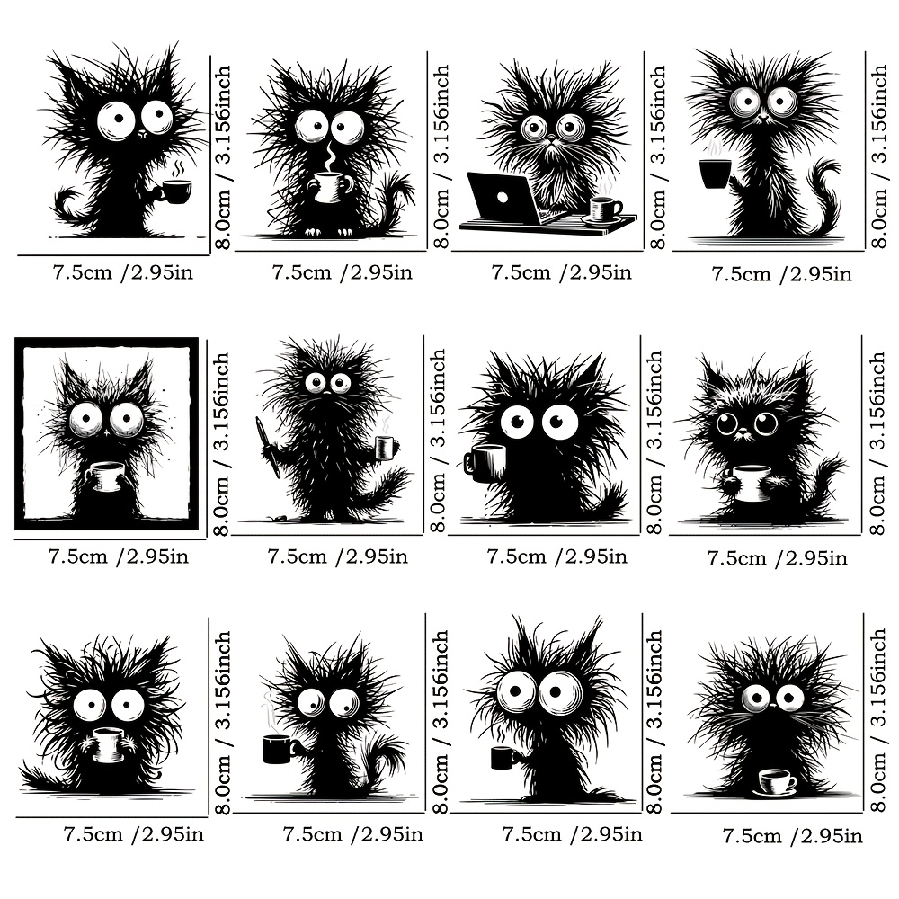 Image of Uv Dtf Self-adhesive Cup Wraps -12pcs Funny Coffee Cats Transfer Paper For Glass Cup, Mug, Uv Dtf Transfer Decals For Laptop, Mobile Phone Case, Skateboard Diy Crafts Transfer Paper